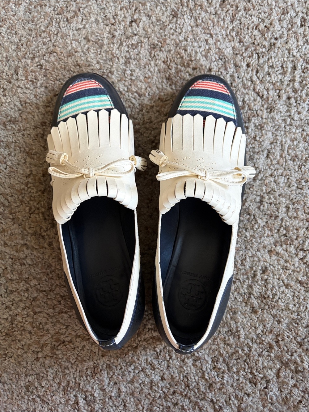 Tory Burch Cream Leather Fringe Loafers with Multicolor Striped Toe
